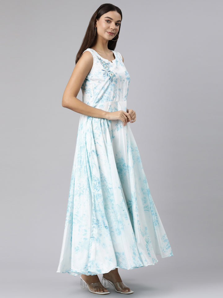 Neerus White crepe printed flared dress - back view