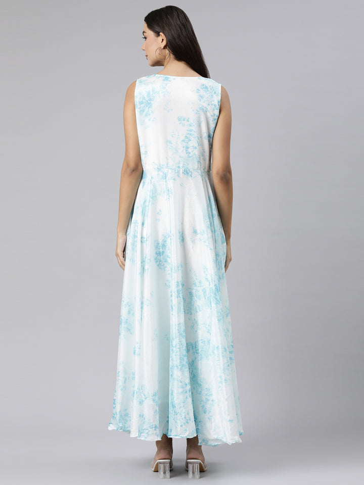 Neerus White crepe printed flared dress - side view