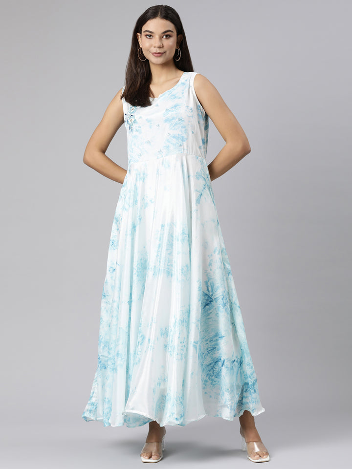 Neerus White crepe printed flared dress - detail view 2