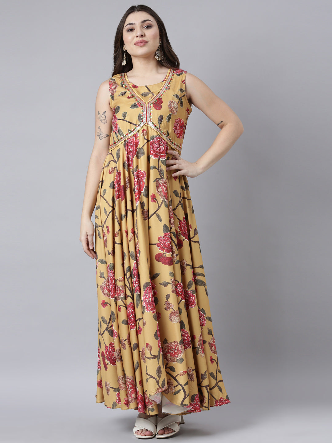 Neerus Yellow Floral Printed Crepe Flared Dress for Casual Women – Neerus  India