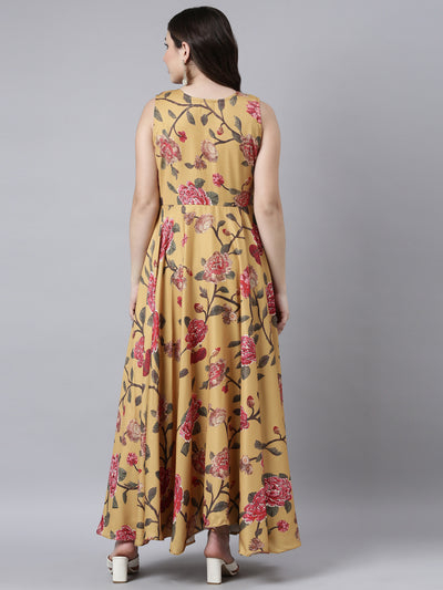 Neerus Mustard Flared Casual Floral Fit and Flare Dresses