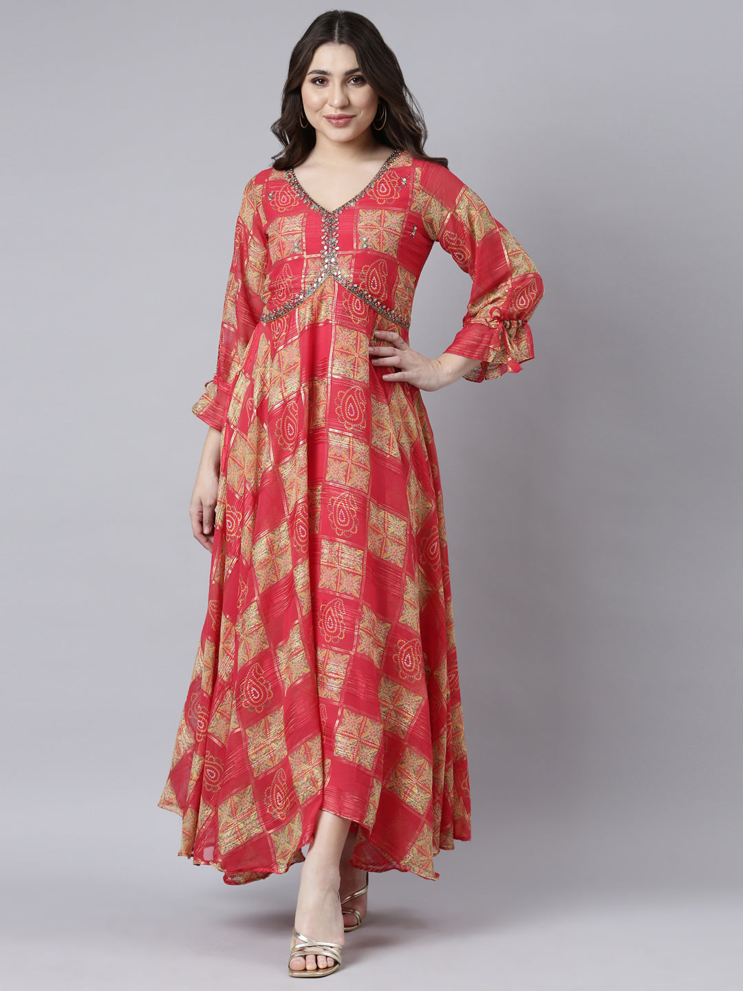 Neerus Red Flared Casual Floral Fit and Flare Dresses