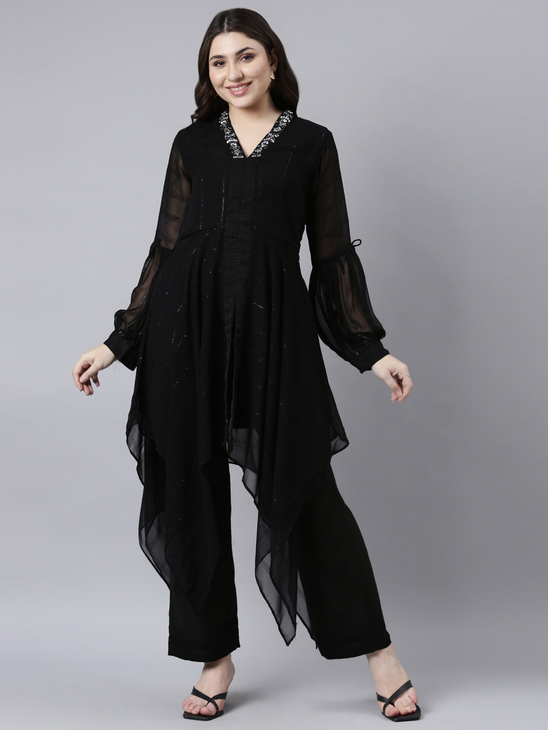 Neerus Black solid high-low kurta set with trousers - detail view 2
