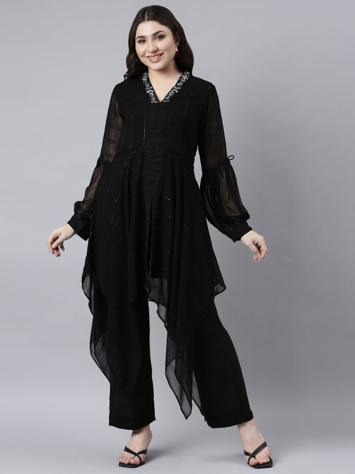 Neerus Black solid high-low kurta set with trousers - detail view 2