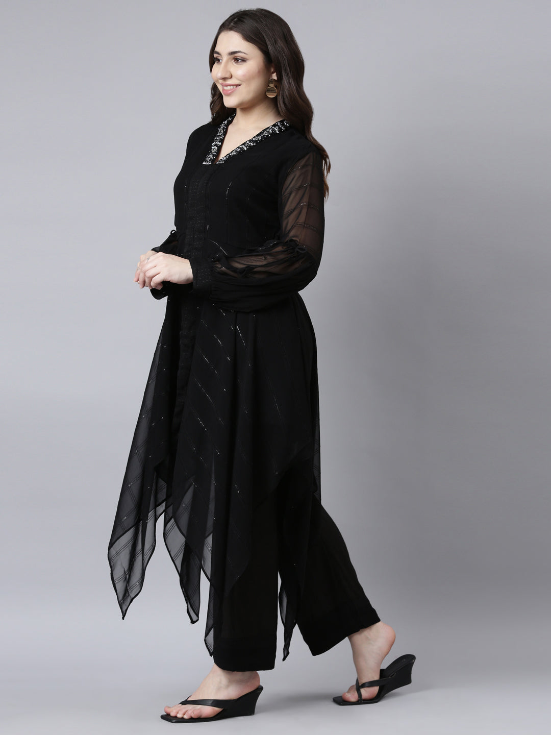 Neerus Black solid high-low kurta set with trousers - back view