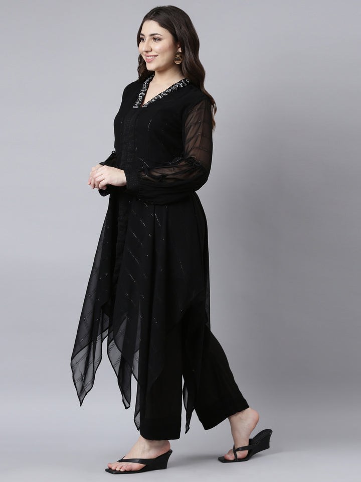 Neerus Black solid high-low kurta set with trousers - back view
