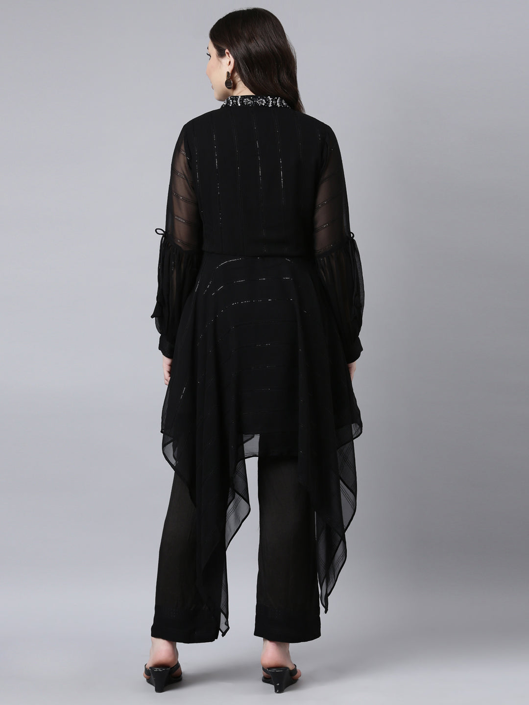 Neerus Black solid high-low kurta set with trousers - side view