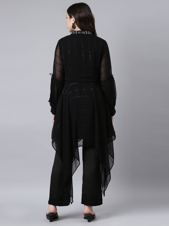 Neerus Black solid high-low kurta set with trousers - side view