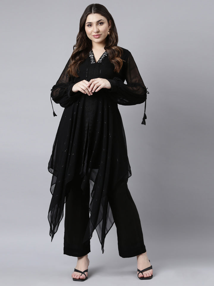 Neerus Black solid high-low kurta set with trousers - front view