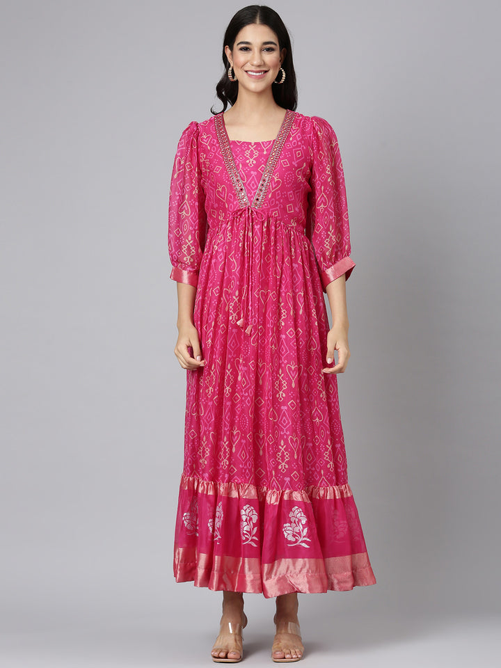 Neerus Magenta Casual Geometric Maxi Dresses