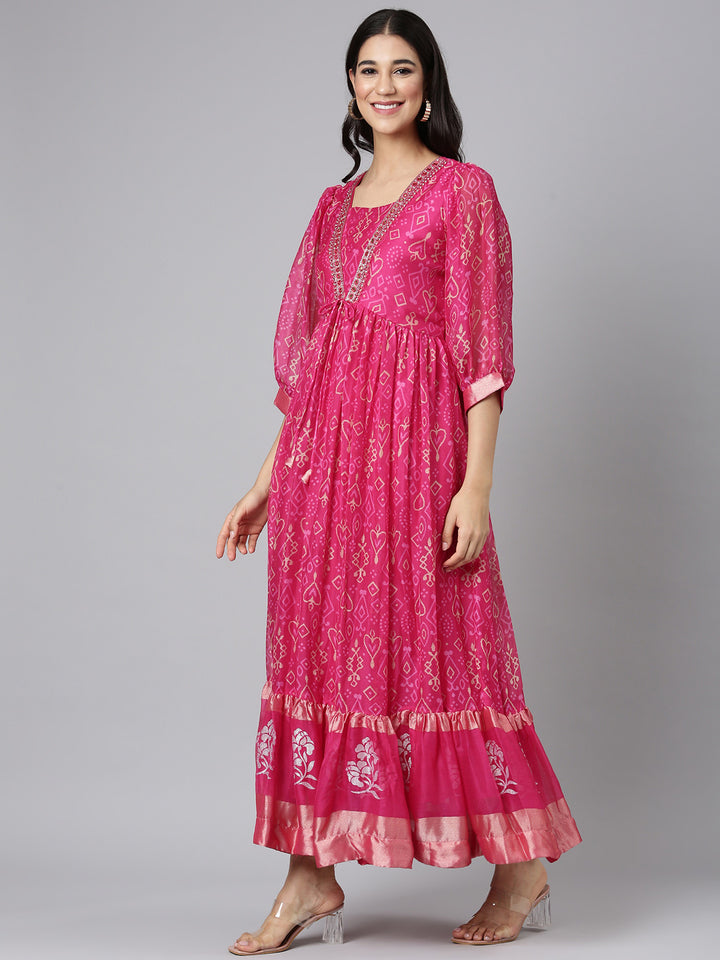 Neerus Magenta Casual Geometric Maxi Dresses