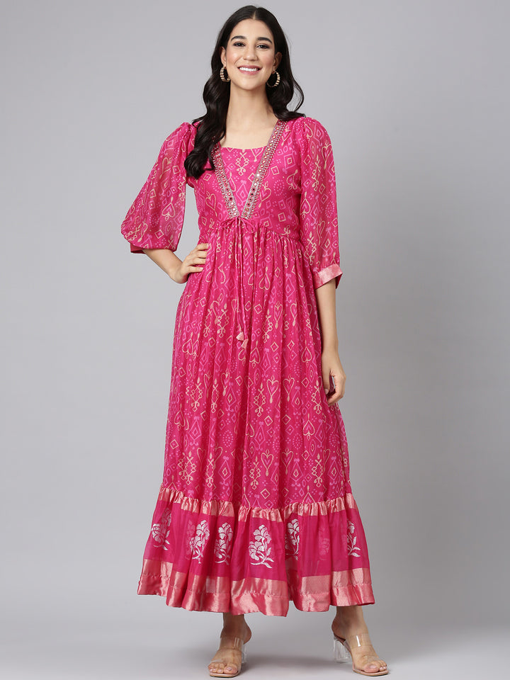 Neerus Magenta Casual Geometric Maxi Dresses