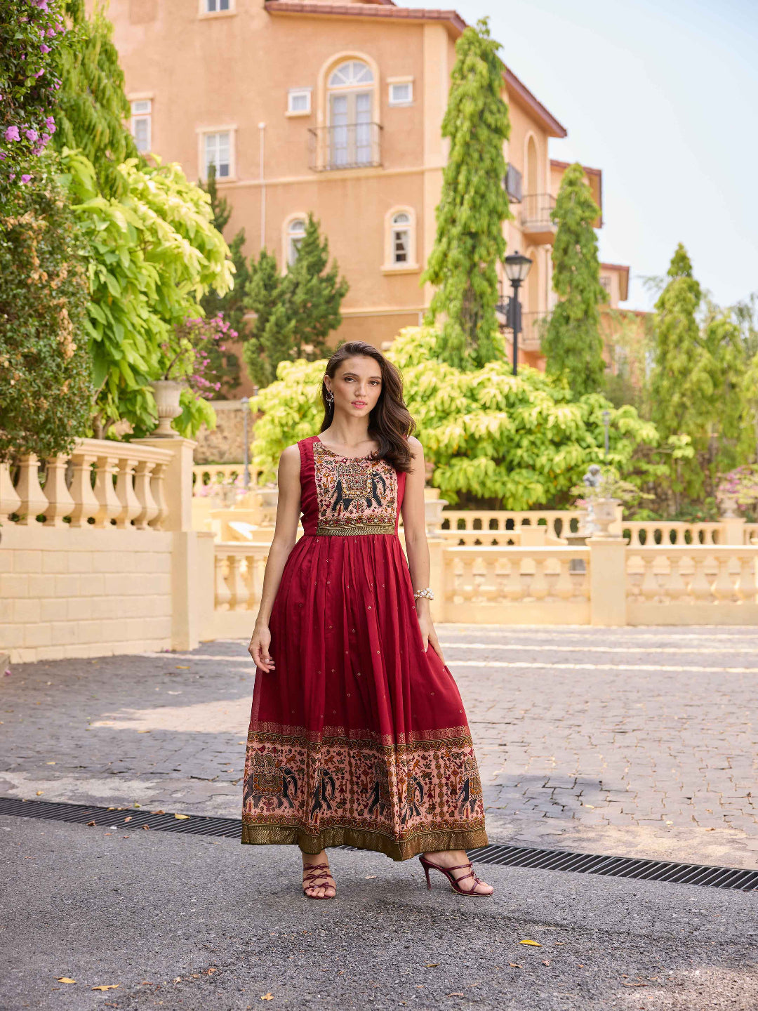 Neerus Maroon Solid Polyester Maxi Dress for Casual Women – Neerus India