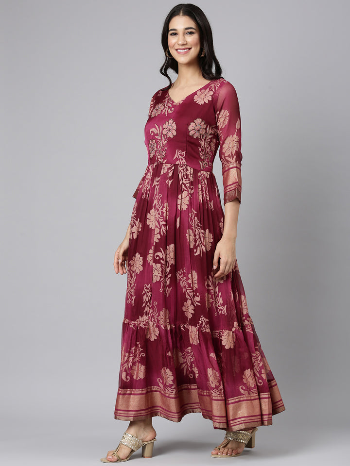 Neerus Wine Casual Floral Maxi Dresses