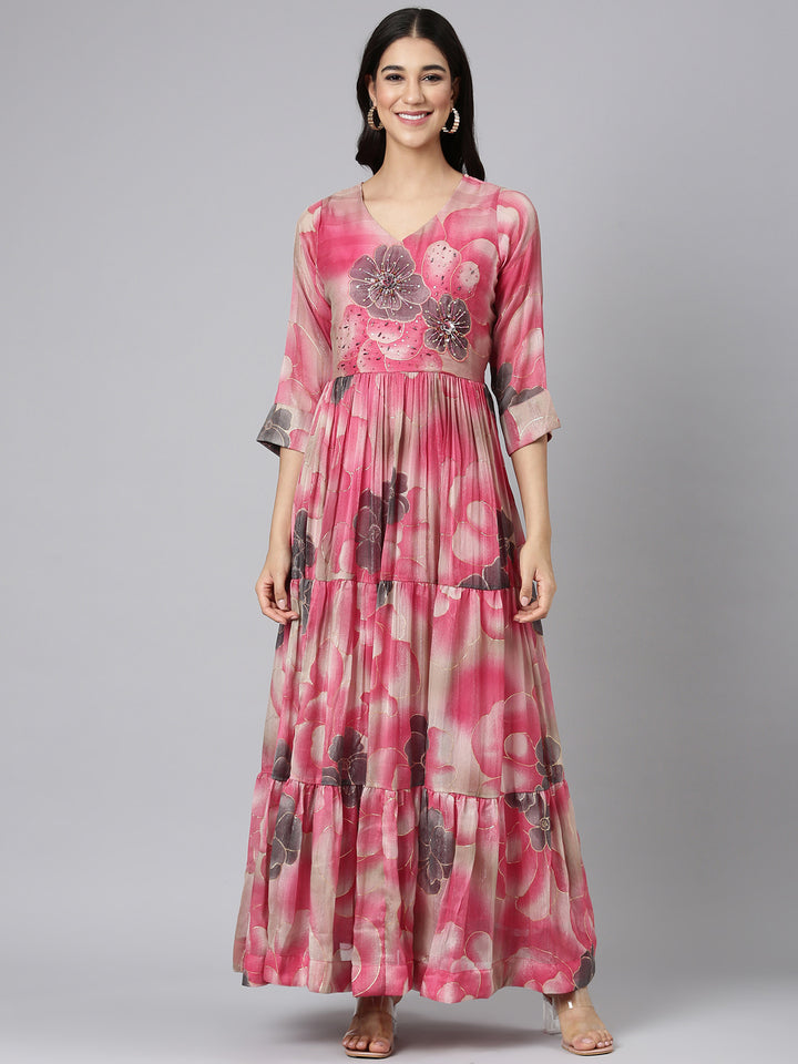 Neerus Pink Casual Floral Maxi Dresses