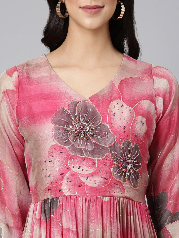 Neerus Pink Casual Floral Maxi Dresses