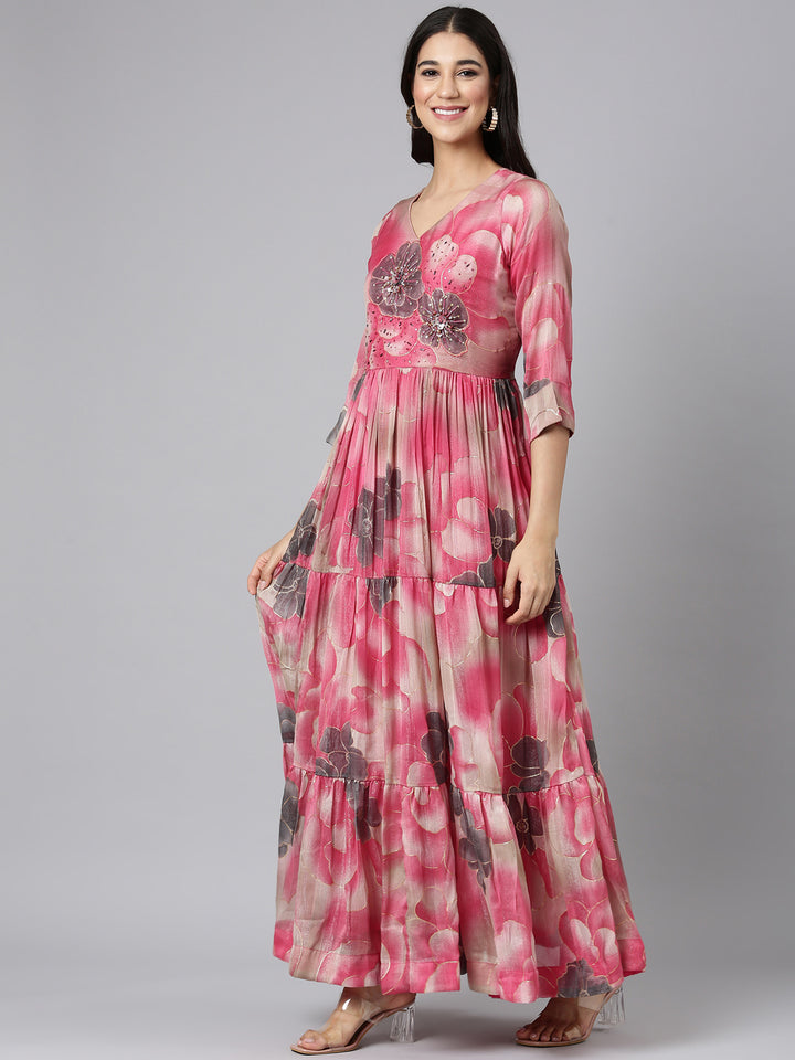 Neerus Pink Casual Floral Maxi Dresses