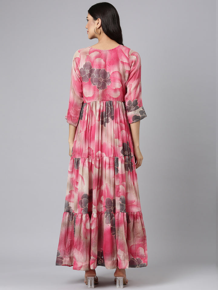 Neerus Pink Casual Floral Maxi Dresses
