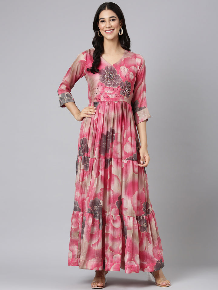 Neerus Pink Casual Floral Maxi Dresses