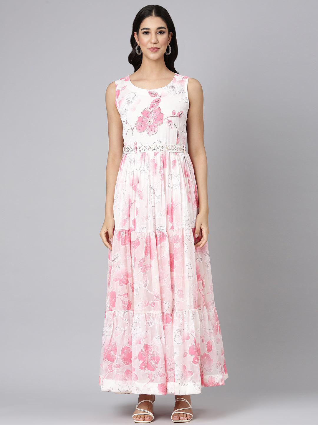 Neerus Cream Casual Floral Maxi Dresses, XXL