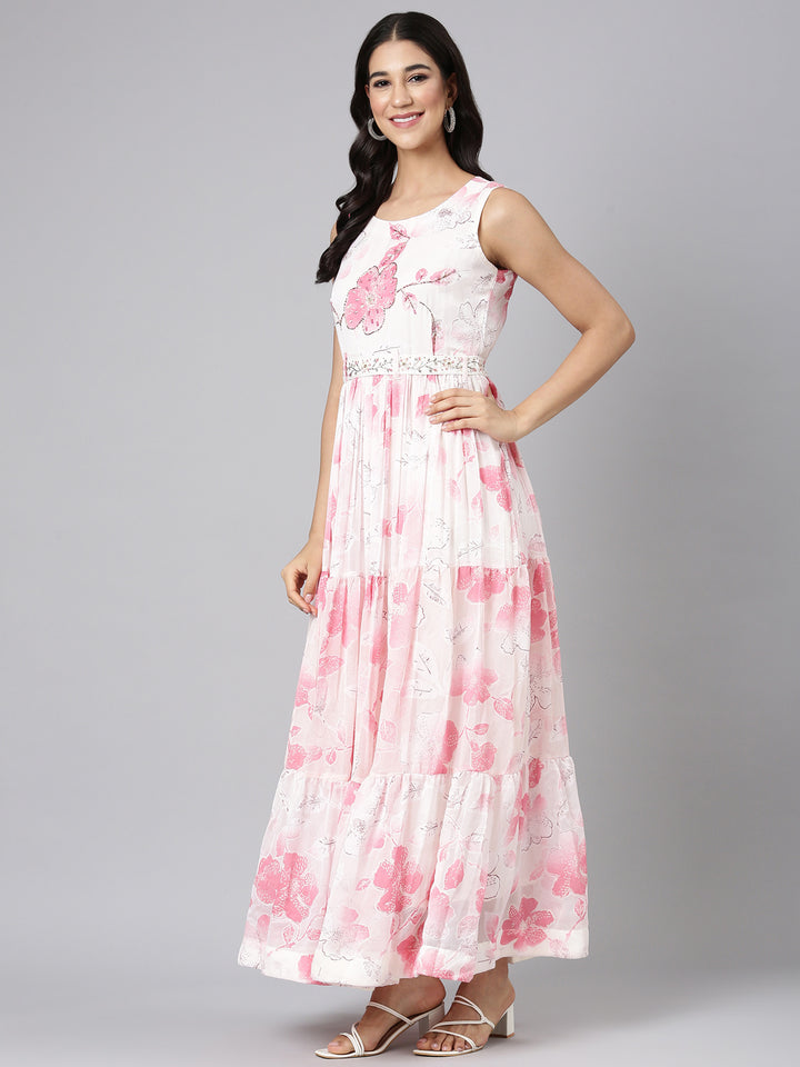 Neerus Cream Casual Floral Maxi Dresses