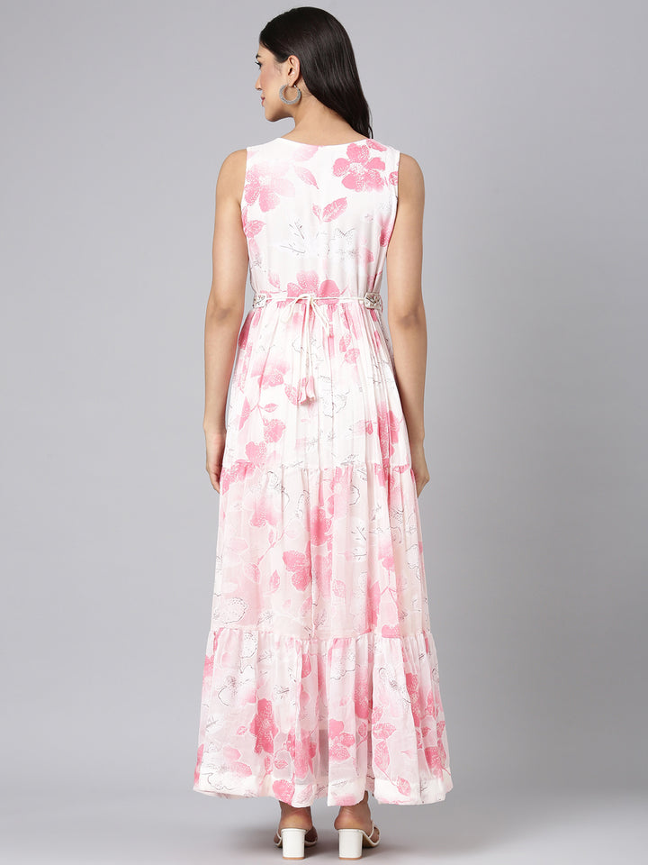 Neerus Cream Casual Floral Maxi Dresses