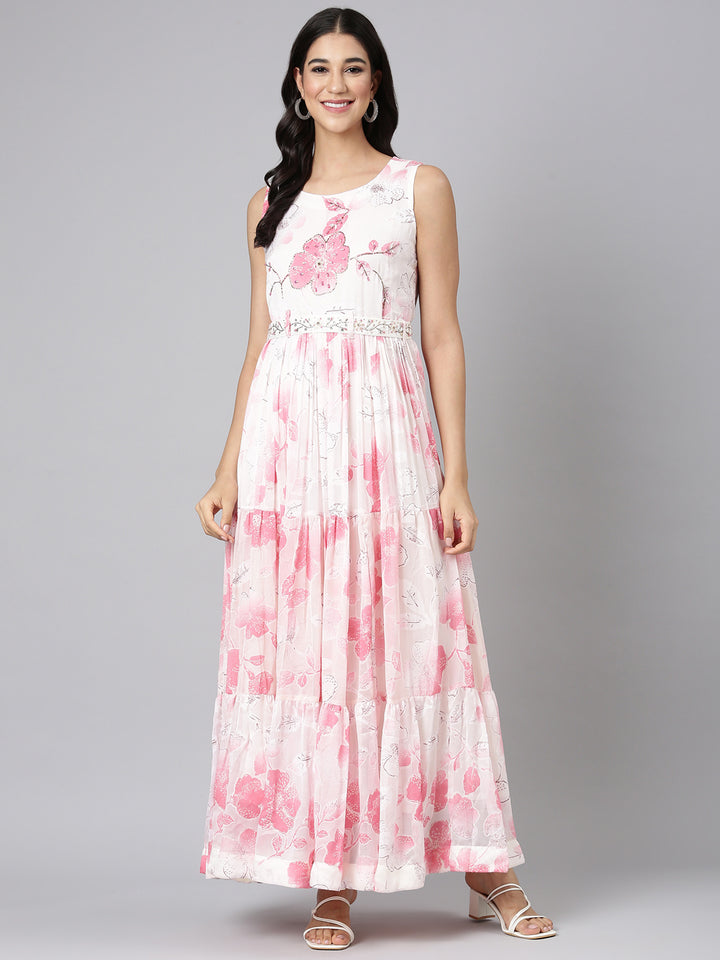 Neerus Cream Casual Floral Maxi Dresses