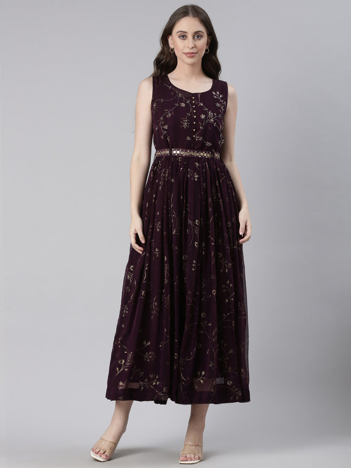 Neerus Brown Casual Floral Maxi Dresses