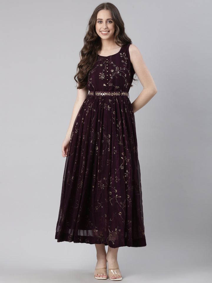 Neerus Brown Casual Floral Maxi Dresses