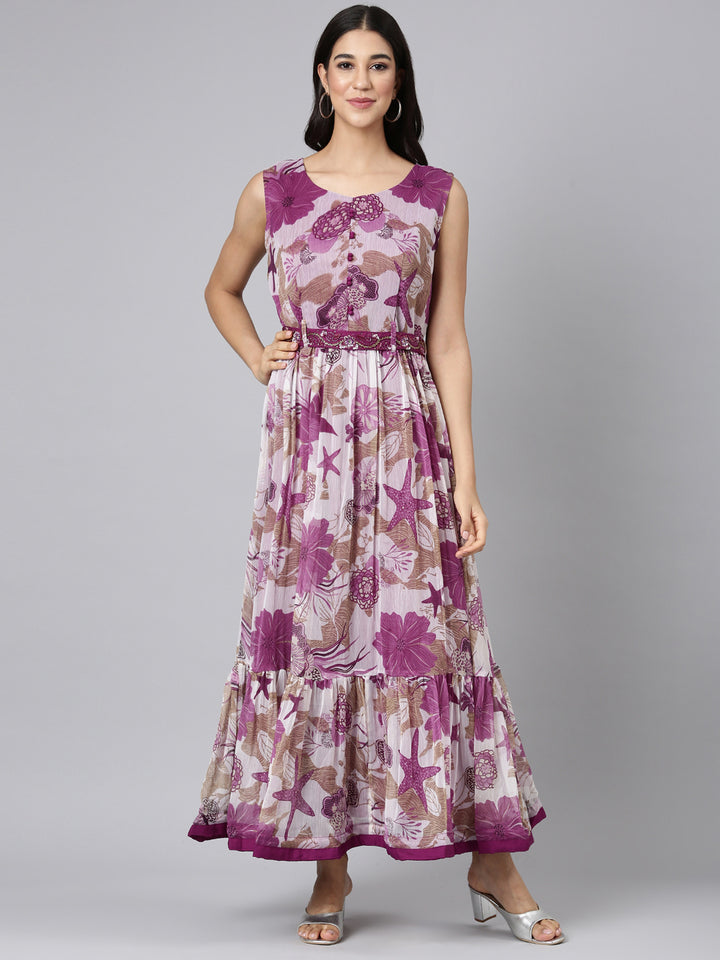 Neerus Purple Casual Floral Maxi Dresses