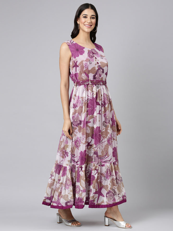 Neerus Purple Casual Floral Maxi Dresses