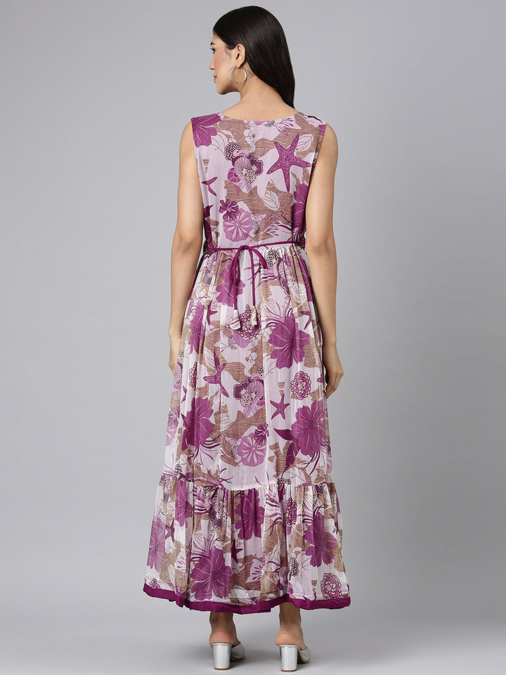 Neerus Purple Casual Floral Maxi Dresses