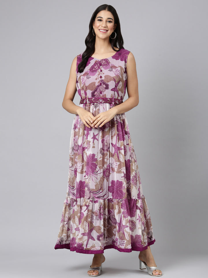 Neerus Purple Casual Floral Maxi Dresses