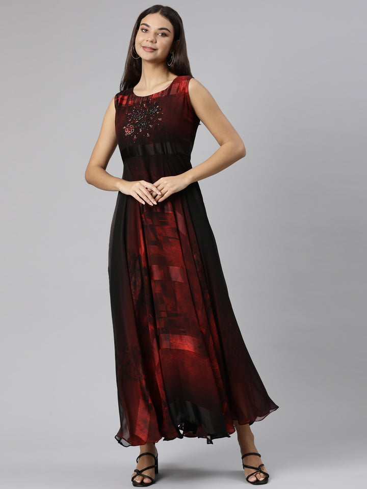 Neerus Maroon rayon printed flared dress - front view