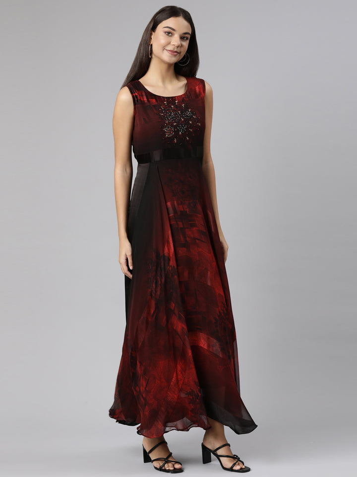 Neerus Maroon rayon printed flared dress - back view