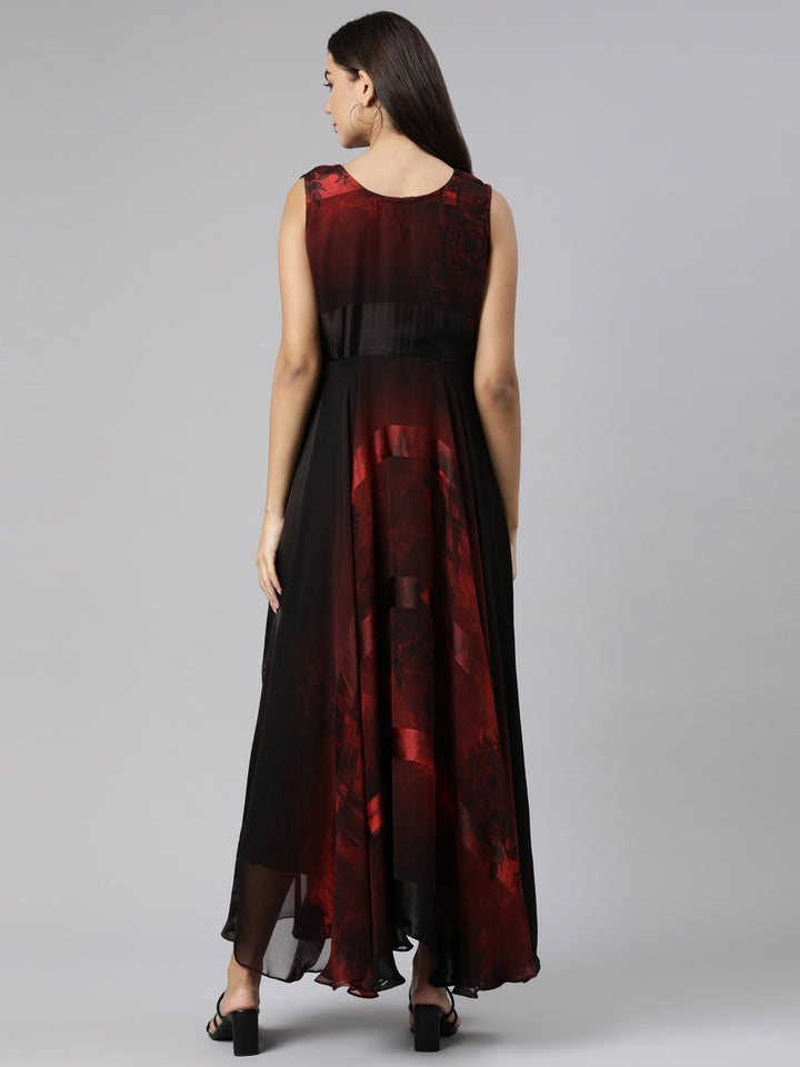 Neerus Maroon rayon printed flared dress - side view