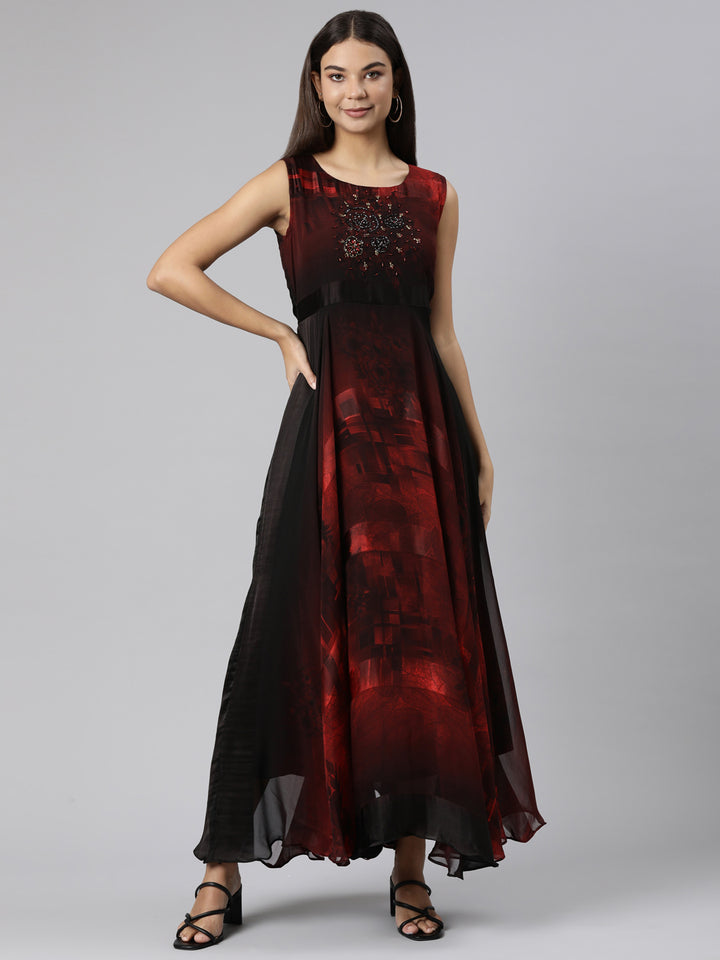Neerus Maroon rayon printed flared dress - detail view 1