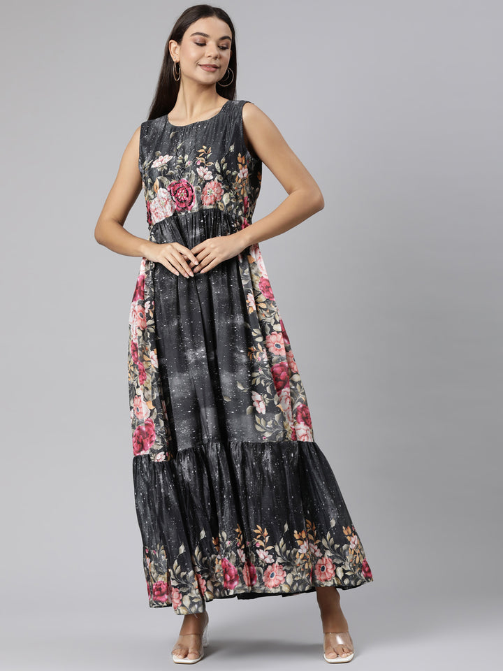 Neerus Black Flared Casual Floral Dresses