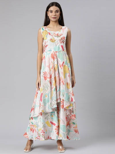 Neeru's Cream Asymmetric Casual Floral Dresses