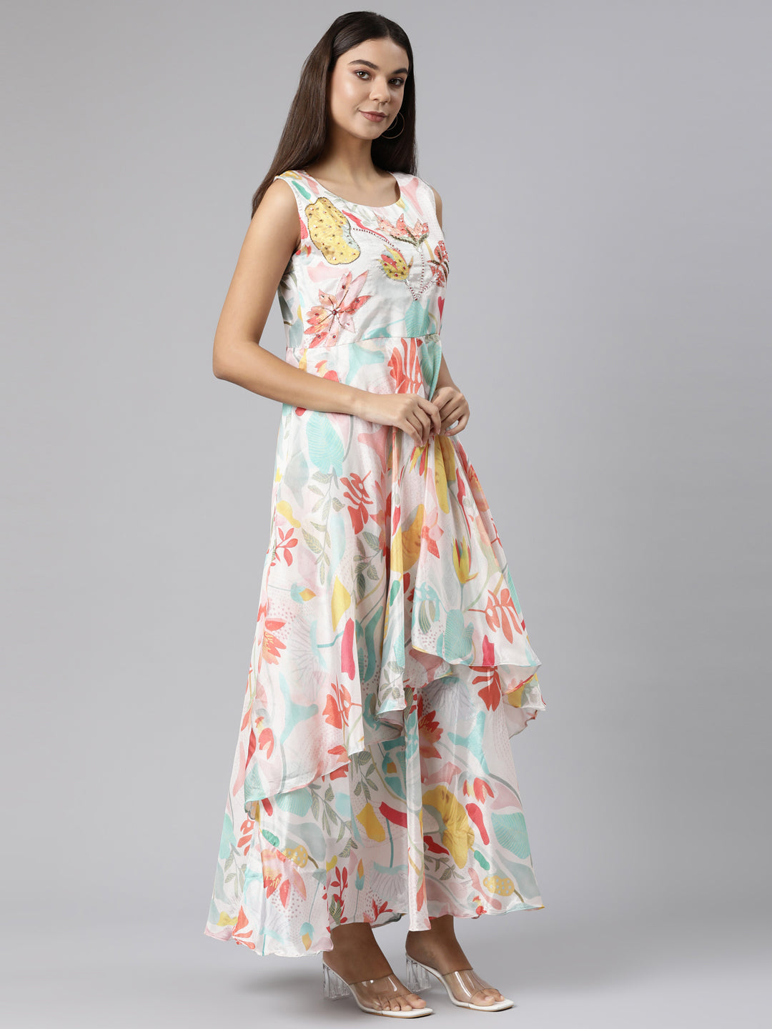 Neeru's Cream Asymmetric Casual Floral Dresses