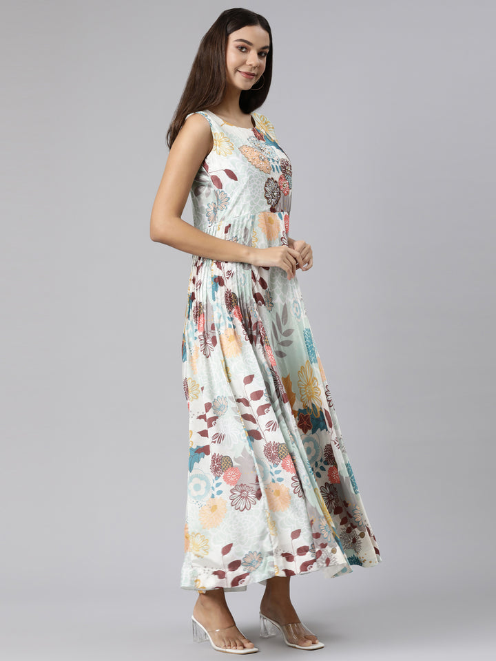 Neerus Green Straight Casual Floral Dresses