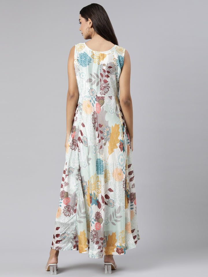 Neerus Green Straight Casual Floral Dresses