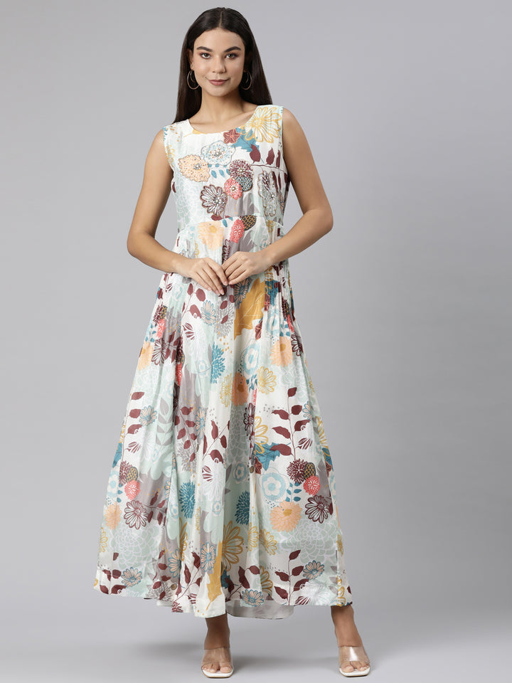 Neerus Green Straight Casual Floral Dresses