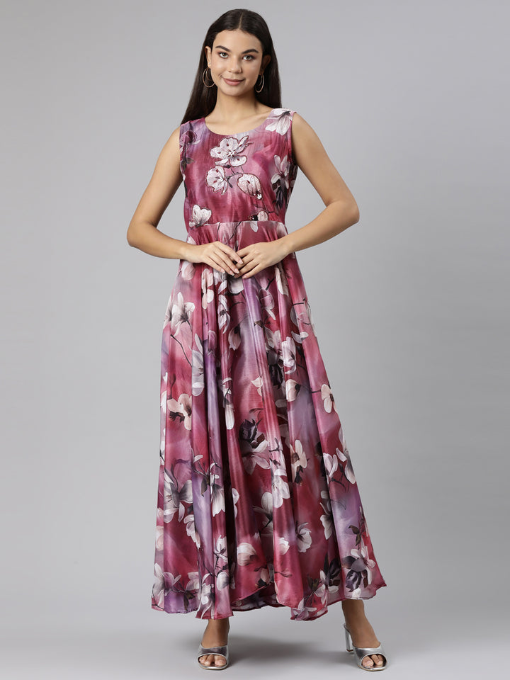 Neerus Pink Flared Casual Floral Dresses