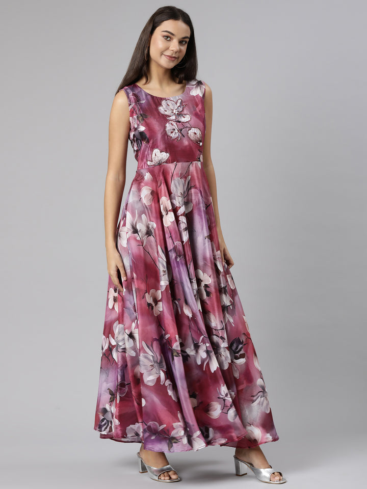 Neerus Pink Flared Casual Floral Dresses