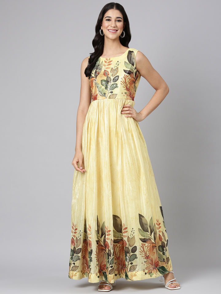Neerus Lemon Casual Floral Maxi Dresses