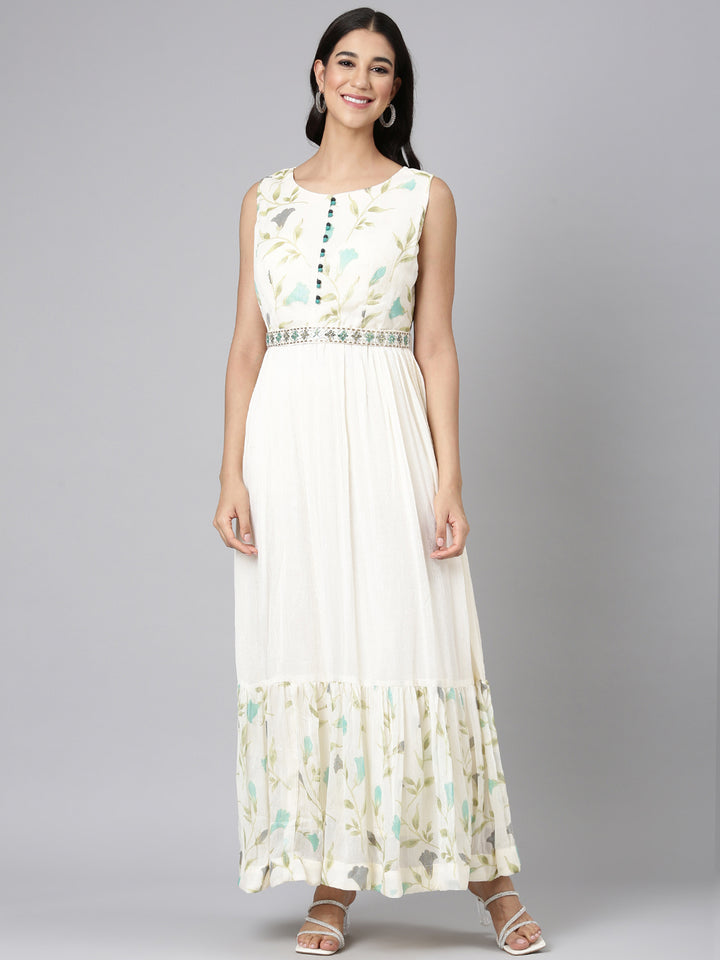 Neerus Cream Casual Floral Maxi Dresses