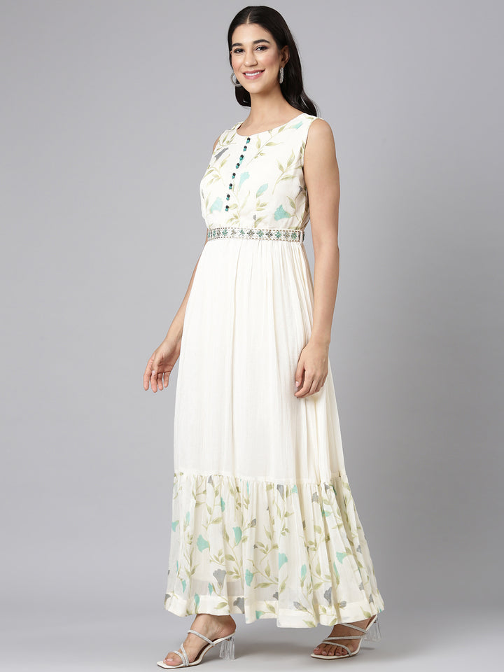 Neerus Cream Casual Floral Maxi Dresses