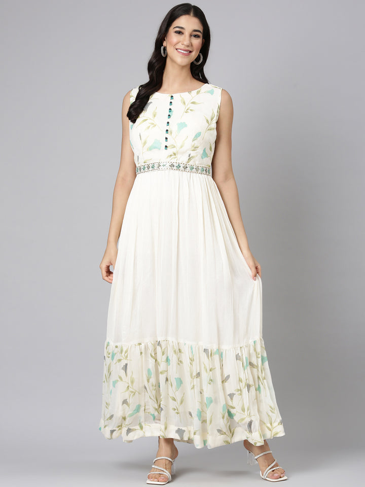 Neerus Cream Casual Floral Maxi Dresses