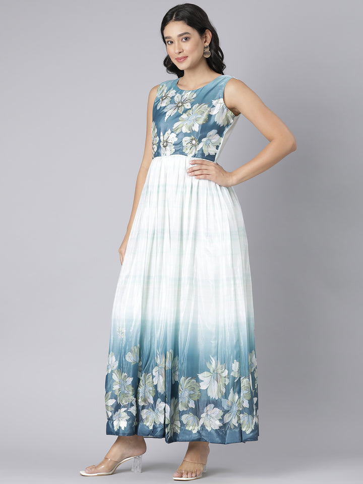 Neerus Mint Casual Floral Maxi Dresses